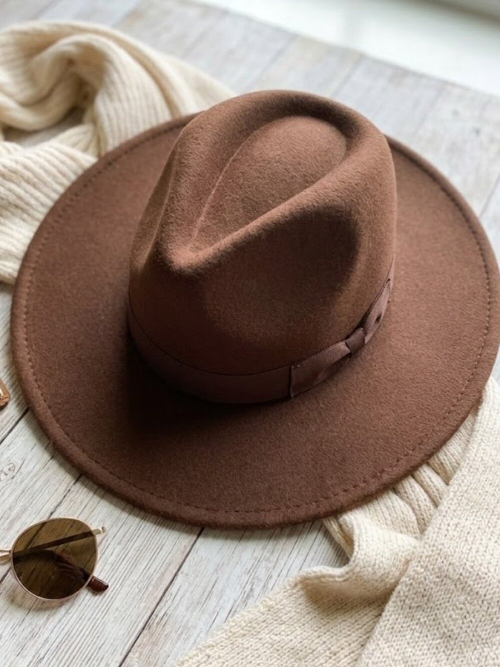 Cato Chocolate Brown Felt Fedora Hat - Wide Brim Boho Ribbon Band Adjustable OS
